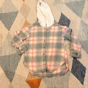 Old Navy Gray and Pink Plaid Kids Button-Down Shirt with Hood